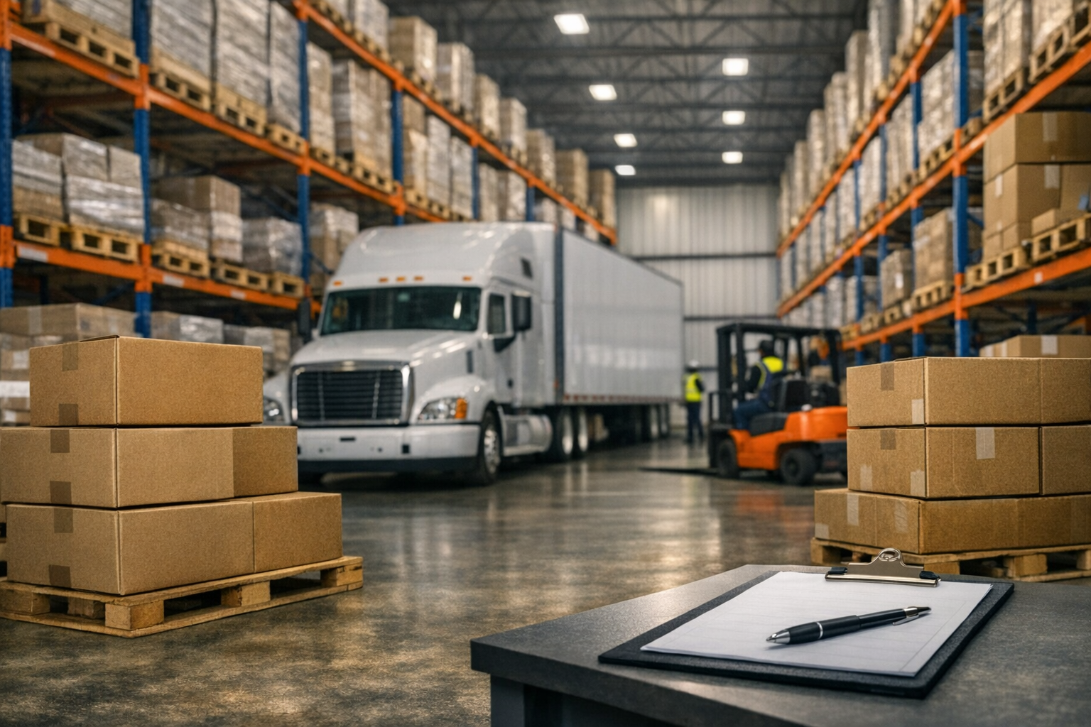 Warehouse interior with organized pallets and logistics operations